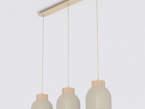 Hanglamp Klaurnang Beige met 3 kapjes, Scandinavisch design, houtaccent en verstelbare hoogte