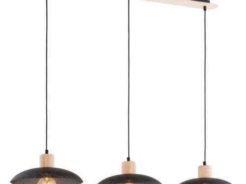Kroonluchter Cebu Zwart Ø30 cm met 3 hanglampen, houtaccenten en open zwarte metalen kappen