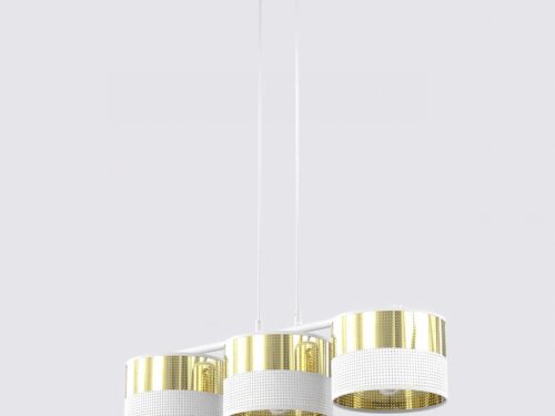 Hanglamp Traarnond Wit Ø20 cm met 3 gouden stoffen kappen en verstelbare ophanging