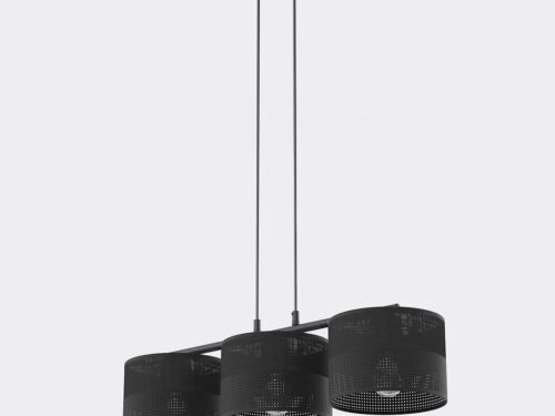Hanglamp Fluvel Zwart Ø20 cm met drie zwarte stoffen kappen en strakke, minimalistische uitstraling