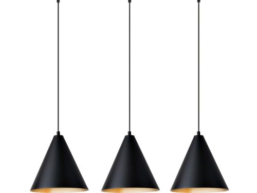Hanglamp Groomman Zwart Ø23,5 cm met drie conische kappen, goudkleurige binnenzijde en strakke plafondplaat