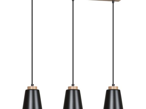 Hanglamp Kurdea Zwart met drie zwarte kapjes, houten details en verstelbare hoogte