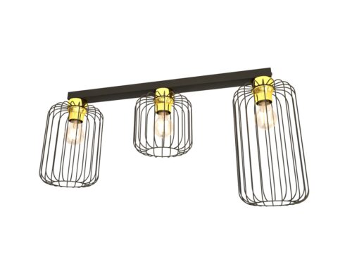 Plafondlamp Sleirdum zwart Ø16 cm met 3 fittingen, goudkleurige details en industriële draadkappen