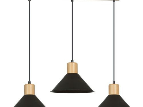 Hanglamp Moorrund Zwart met drie verstelbare lampenkappen, zwarte staal en houten details in Scandinavische stijl
