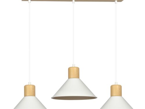 Hanglamp Griennio Wit met drie witte kappen, houten details en verstelbare ophanging
