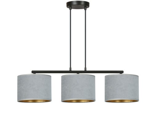 Hanglamp Hoollia zwart met 3 grijze stoffen kappen en verstelbare ophanging
