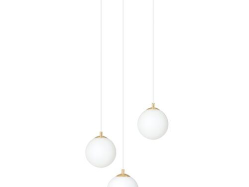Hanglamp Noodis Wit Ø14 cm met drie witte glazen bollen, goudkleurige details en verstelbare ophanging