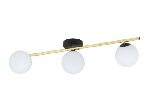 Plafondlamp Flaukar zwart Ø14 cm met gouden arm en drie witte glazen bollen