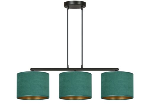 Hanglamp Zulline zwart Ø20 cm met drie groene stoffen kappen en verstelbare hoogte