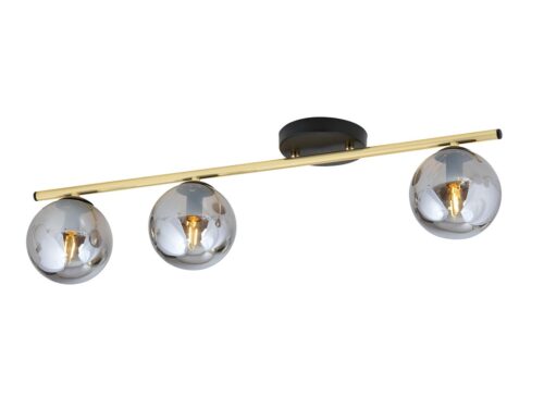 Plafondlamp Skarnoro zwart Ø14 cm met gouden arm en drie glazen bollen, modern design