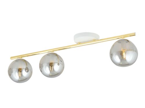 Plafondlamp Keinnal wit Ø14 cm met goudkleurige stang en drie glazen lichtbollen