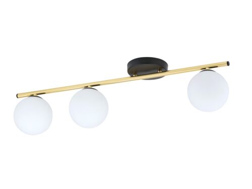 Plafondlamp Deindund zwart met gouden arm, drie witte glazen kappen en moderne uitstraling, Ø14 cm