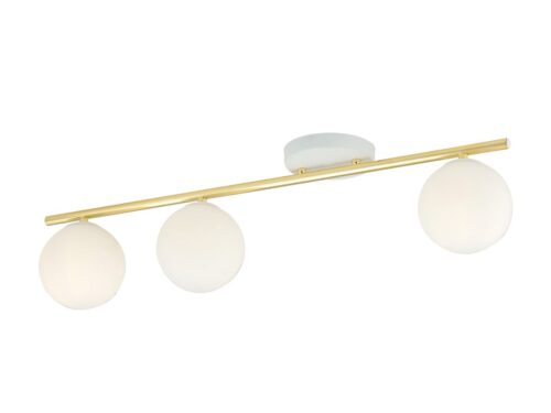 Plafondlamp Kyoto Wit Ø14 cm met goudkleurige stang en drie witte glazen bollen