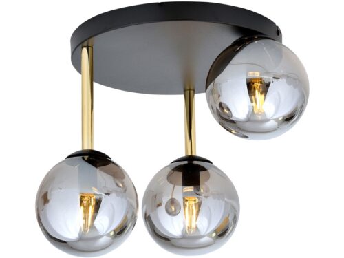 Plafondlamp Ritano zwart Ø14 cm met 3 rookglas bollen en goudkleurige details
