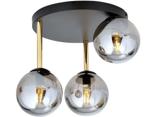 Plafondlamp Ritano zwart Ø14 cm met 3 rookglas bollen en goudkleurige details