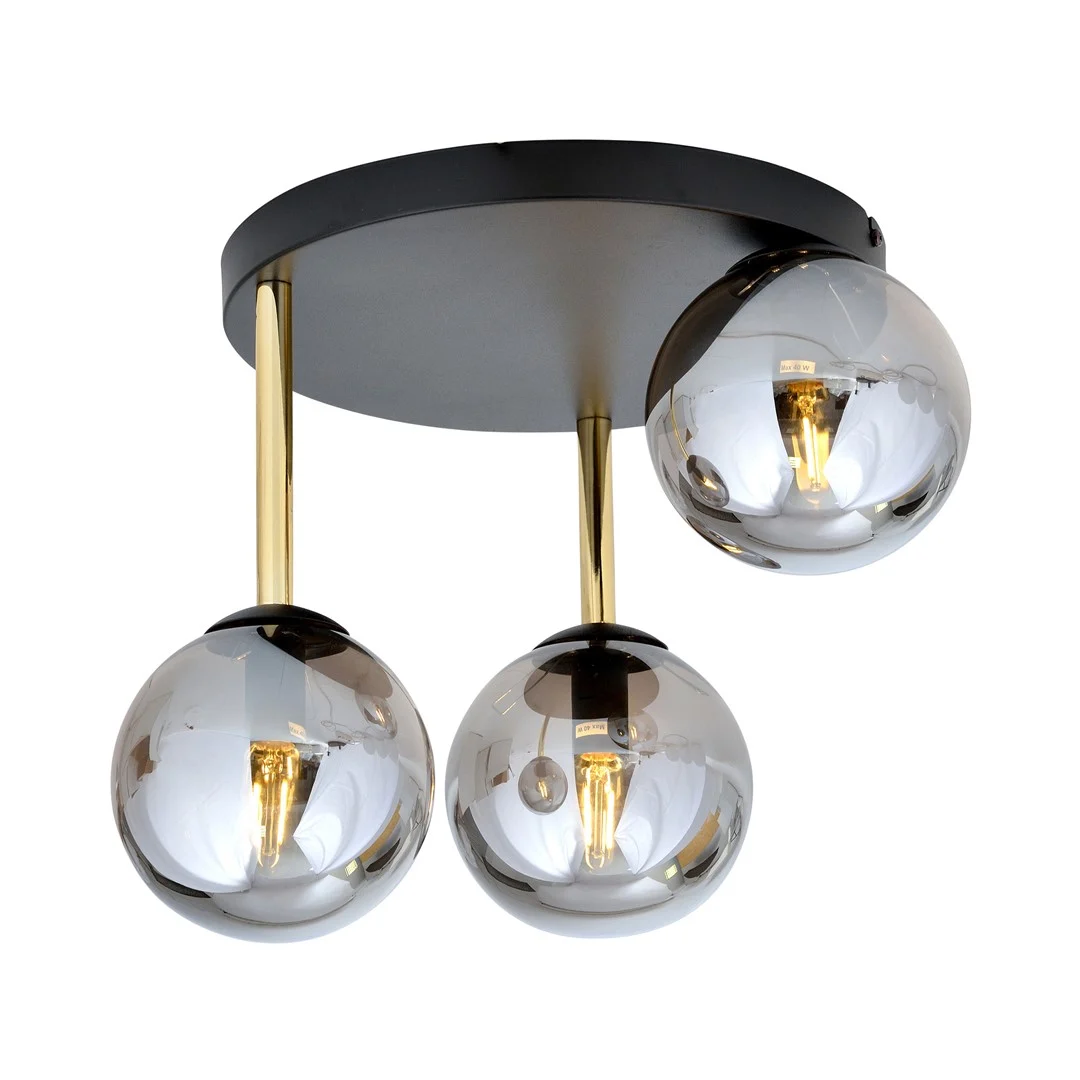 Plafondlamp Ritano zwart Ø14 cm met 3 rookglas bollen en goudkleurige details
