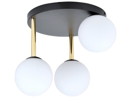 Plafondlamp Deeldir zwart Ø14 cm met drie witte glazen bollen en goudkleurige details
