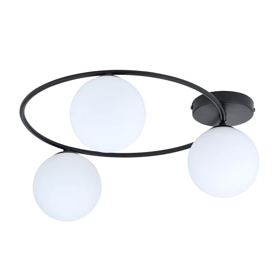 Plafondlamp Launtia zwart Ø14 cm met 3 witte glazen kappen en minimalistisch zwart frame