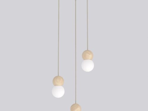 Hanglamp Kamir beige Ø10 cm met hout en verstelbare snoeren, Scandinavische stijl met 3 lampen