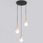 Hanglamp Dulol Zwart Ø10 cm met drie verstelbare pendels, houtaccenten en witte kappen