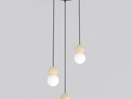 Hanglamp Dulol Zwart Ø10 cm met drie verstelbare pendels, houtaccenten en witte kappen