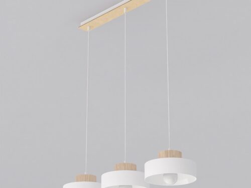 Hanglamp Nolvino Wit met drie witte kappen, houten accenten en verstelbare ophanging