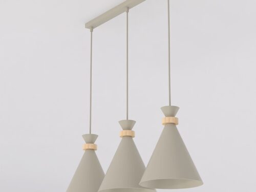 Hanglamp Kaavin Beige met drie conische kappen, beige staal en houtaccenten, voor sfeervolle gerichte verlichting