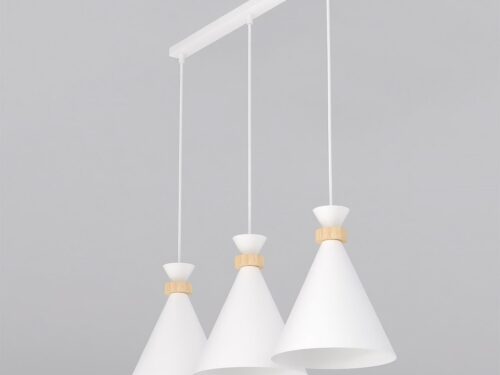 Hanglamp Nico Wit met drie conische kappen, wit gepoedercoat staal en hout, Scandinavische stijl