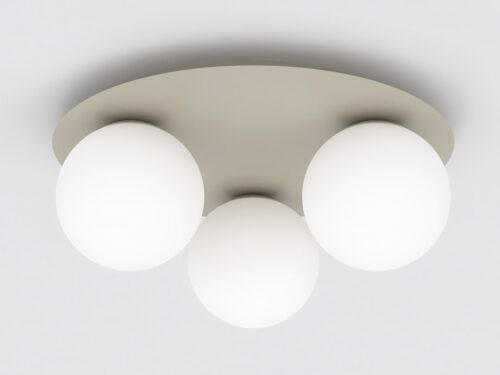 Plafondlamp Dure beige Ø14 cm met drie witte glazen lampkappen en modern, compact design