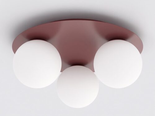Plafondlamp Fluskella Bordeaux Ø14 cm met drie witte glazen kappen en bordeaux frame