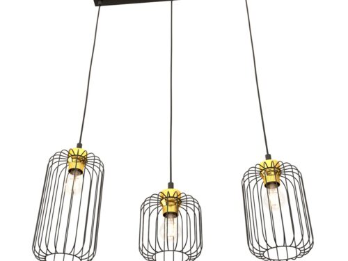 Hanglamp Meernis Zwart Ø16 cm met 3 zwarte draadkappen en goudaccenten, verstelbare hoogte