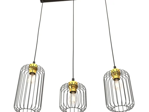 Hanglamp Meernis Zwart Ø16 cm met 3 zwarte draadkappen en goudaccenten, verstelbare hoogte