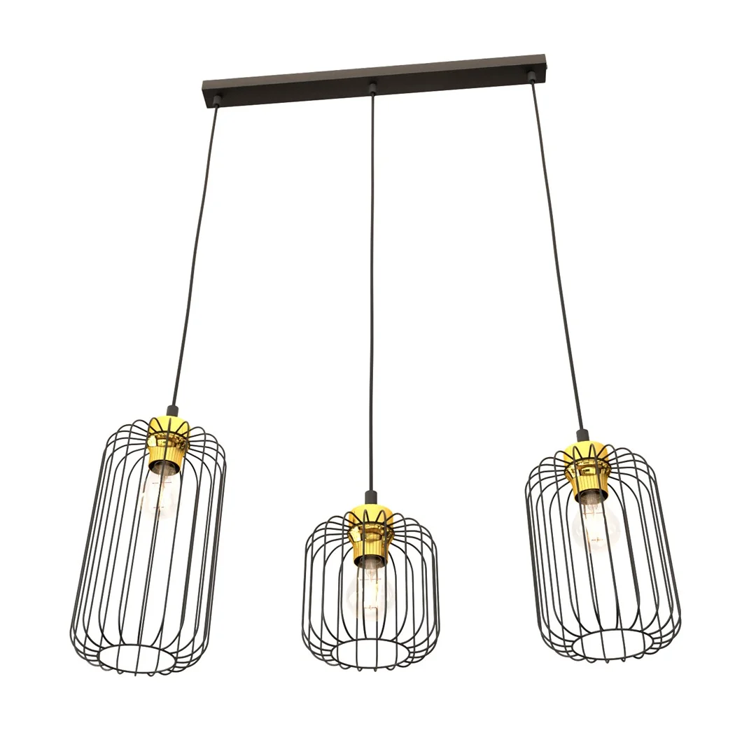Hanglamp Meernis Zwart Ø16 cm met 3 zwarte draadkappen en goudaccenten, verstelbare hoogte