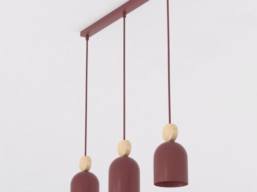 Hanglamp Peenu Bordeaux met 3 bordeaux kappen, houten details en verstelbare hoogte