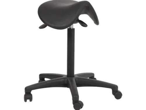 Zwart Slabora zadelkruk met ergonomische PUR-zitting, verstelbare hoogte en wielen
