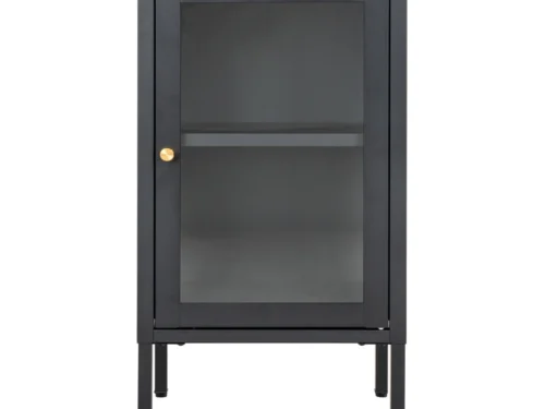 Zwarte Kast Dootund 38 cm met glazen deur, slank metalen frame en goudkleurige knop