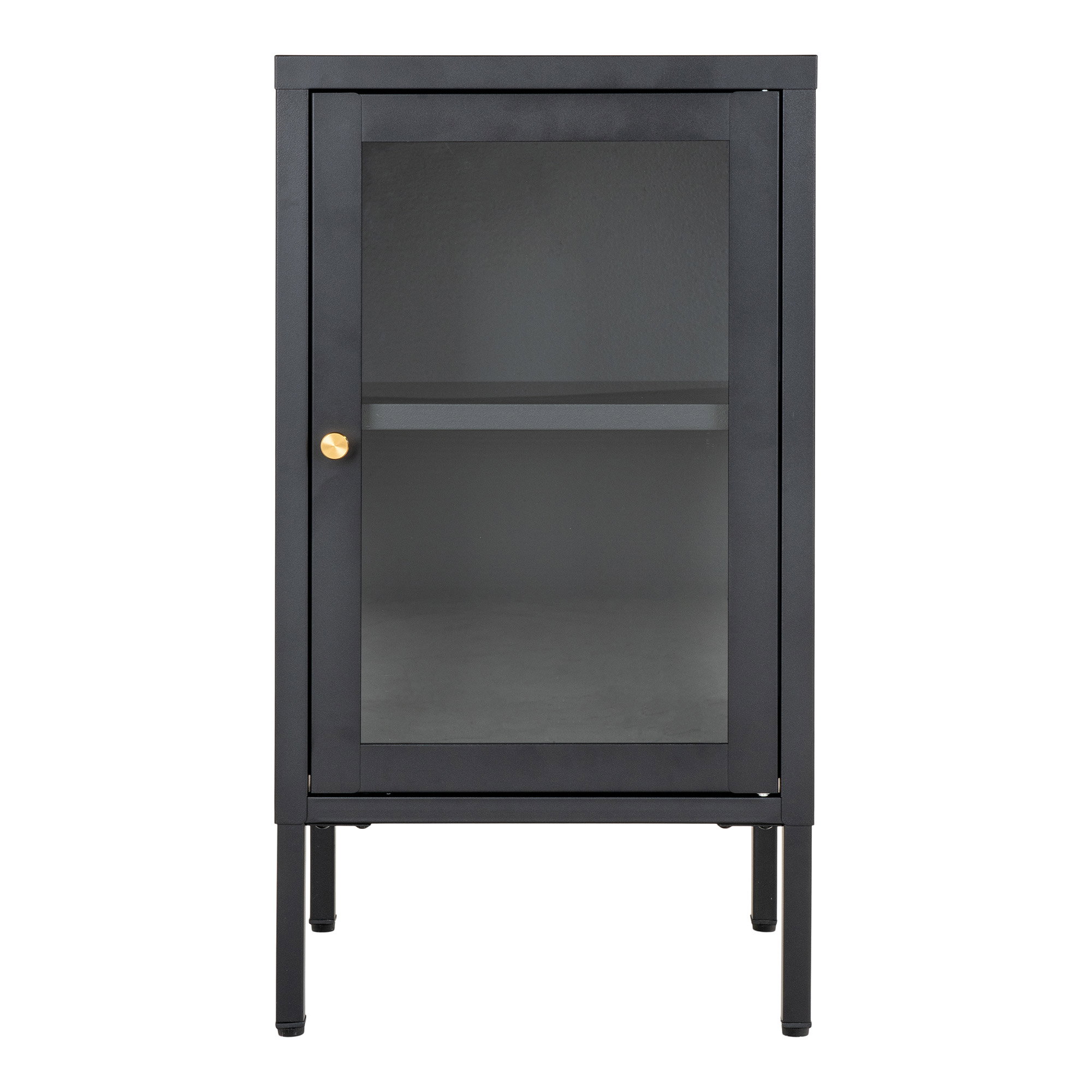 Zwarte Kast Dootund 38 cm met glazen deur, slank metalen frame en goudkleurige knop