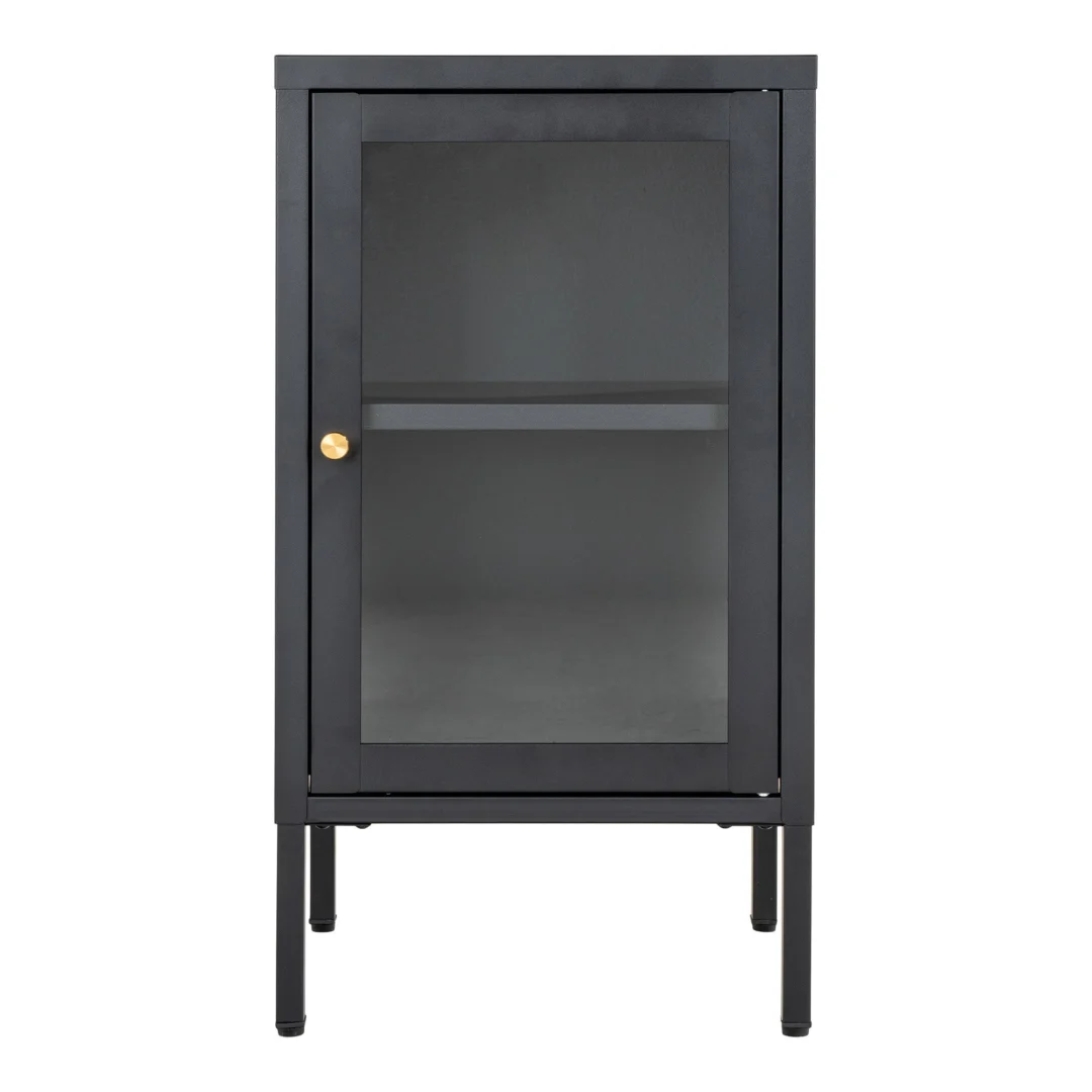 Zwarte Kast Dootund 38 cm met glazen deur, slank metalen frame en goudkleurige knop