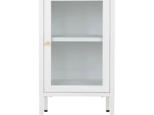 Kast Skoondane Wit met glazen deur, slank stalen frame en goudkleurige knop, compact en stijlvol op poten