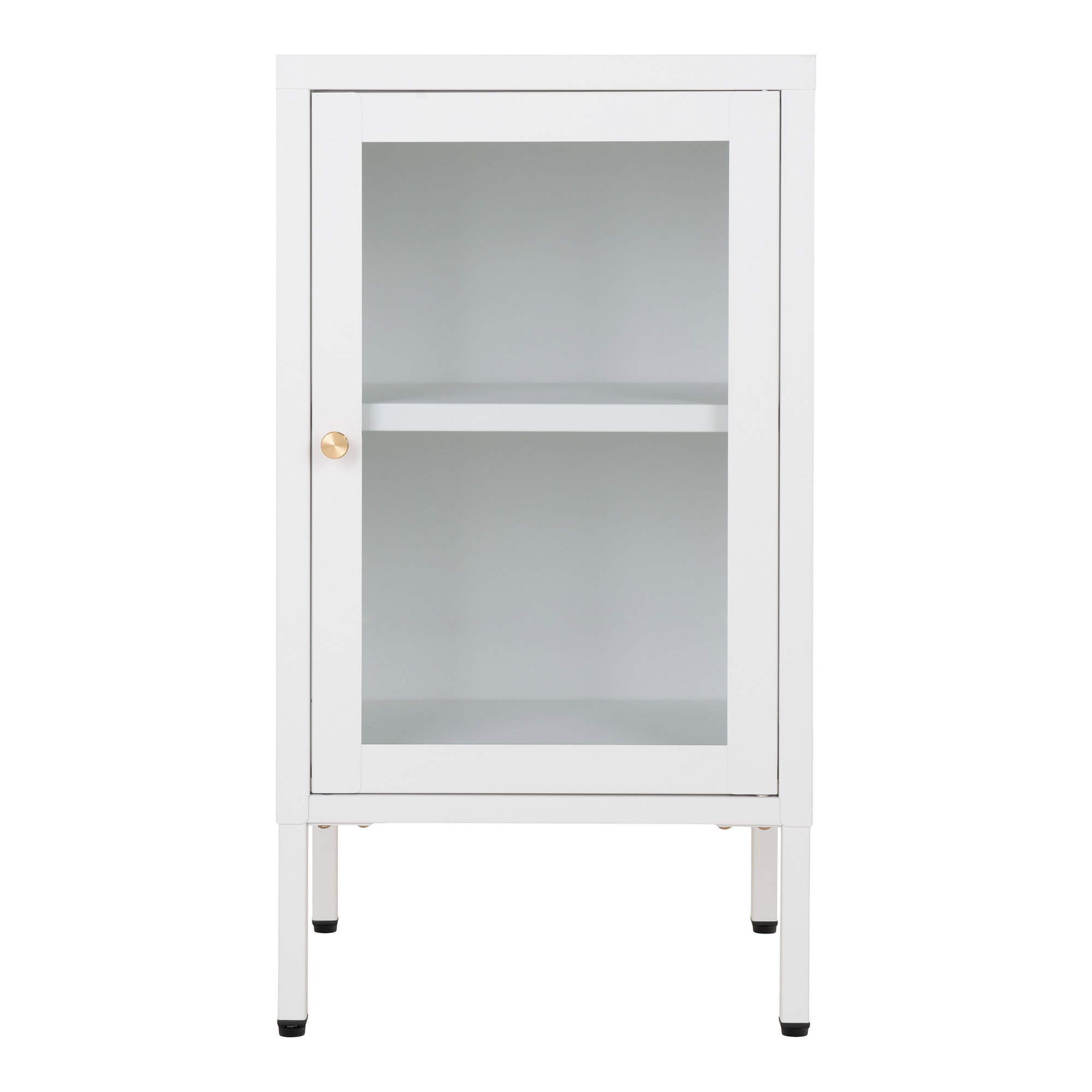 Kast Skoondane Wit met glazen deur, slank stalen frame en goudkleurige knop, compact en stijlvol op poten