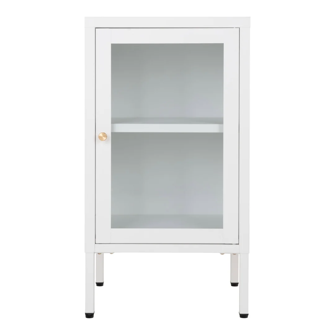 Kast Skoondane Wit met glazen deur, slank stalen frame en goudkleurige knop, compact en stijlvol op poten