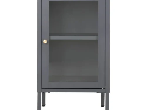 Vitrinekast Flaunsil grijs 38 cm met glazen deur en compact stalen design op slanke poten