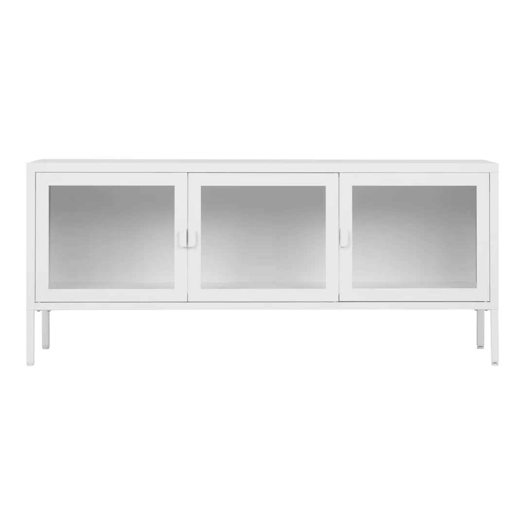 TV-meubel Leelar Wit 130 cm met stalen frame en drie glazen deuren, modern en strak design