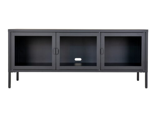 TV-meubel Seirnano Zwart 130 cm met drie glazen deuren en slank zwart stalen frame
