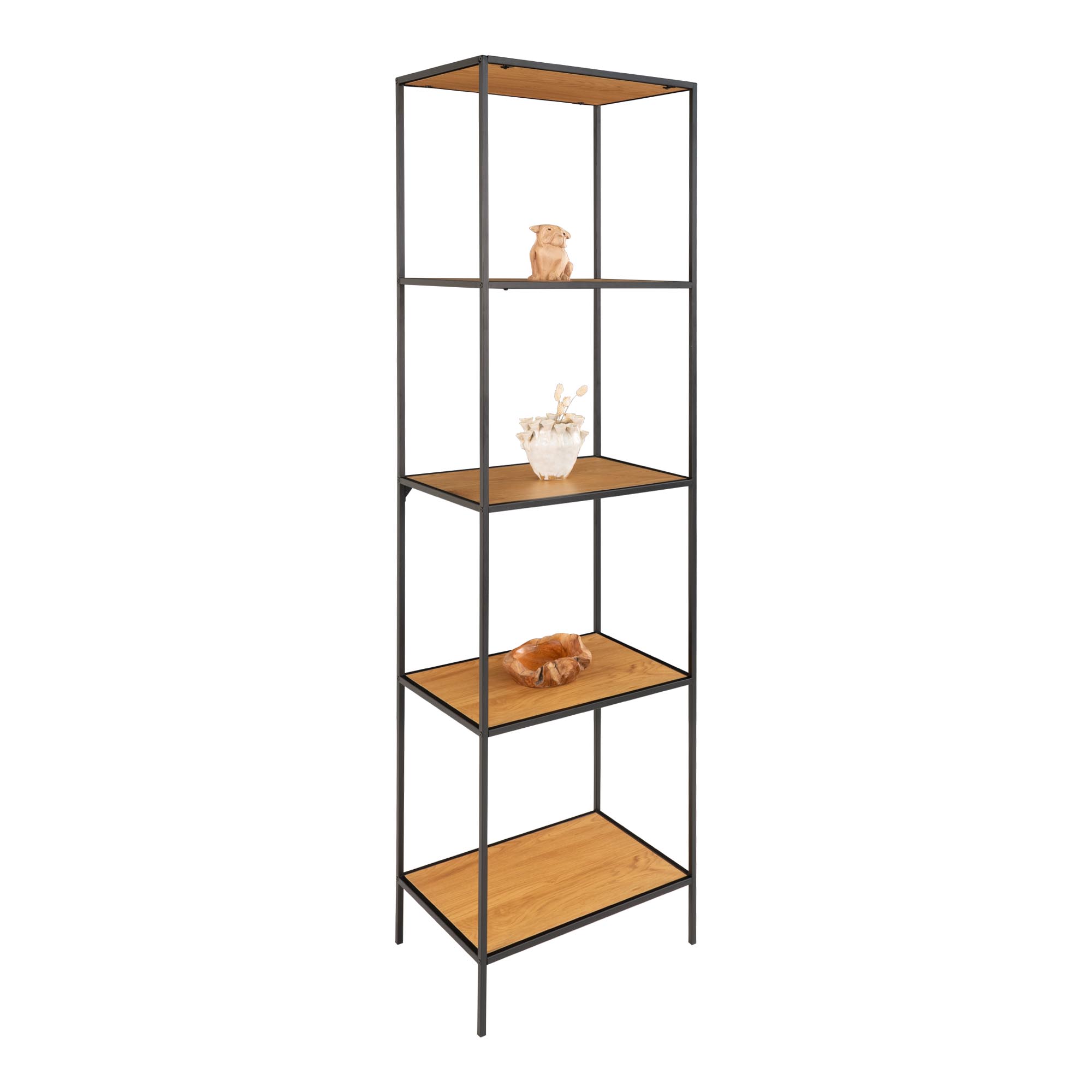 Wandplank Gaansona Staal 51 cm met eikenlook planken en zwart frame, 5 open vakken