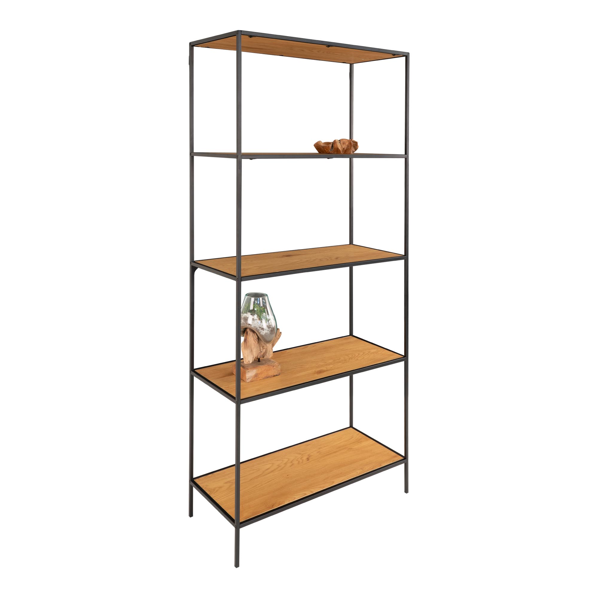 Wandplank Flirar Staal 80 cm met vijf naturel legplanken en zwart metalen frame in strak, open design