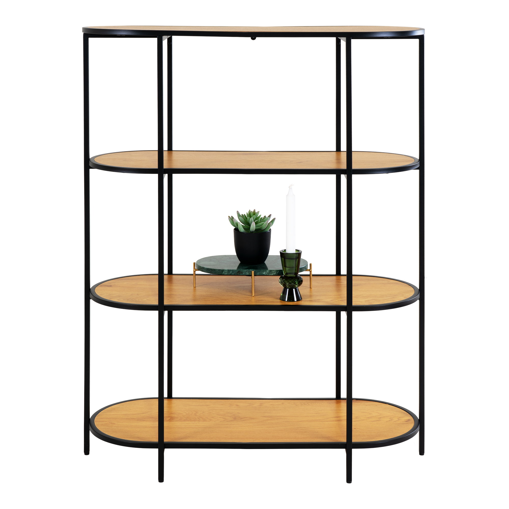 Rek Fondi Staal 36 cm met zwart frame en vier ovale planken in warme eikenlook