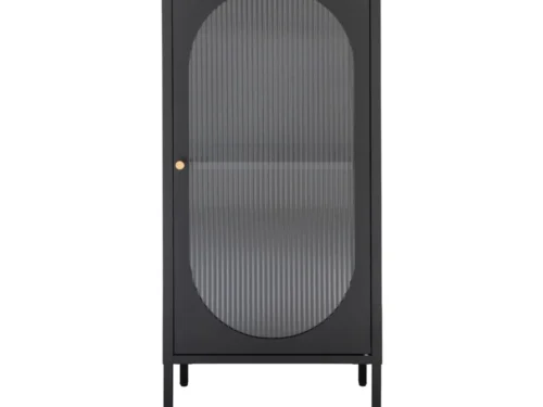 Vitrinekast Graundena zwart 50 cm met geribbelde glazen deur en slanke stalen poten