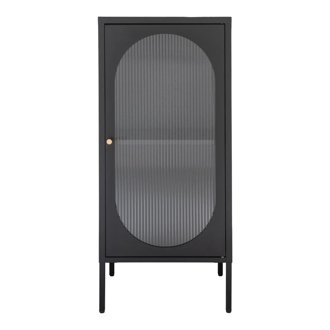 Vitrinekast Graundena zwart 50 cm met geribbelde glazen deur en slanke stalen poten