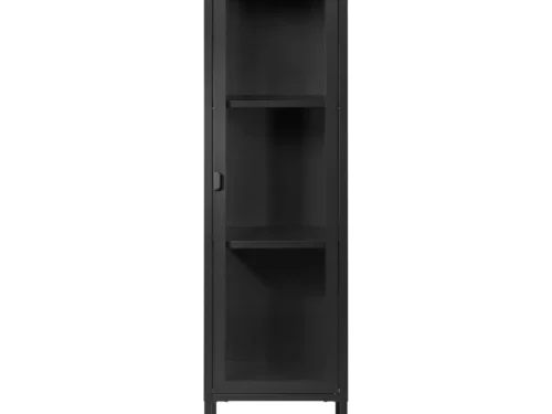 Vitrinekast Kiemu Zwart 40 cm, slanke zwarte stalen kast met glazen deur en twee planken